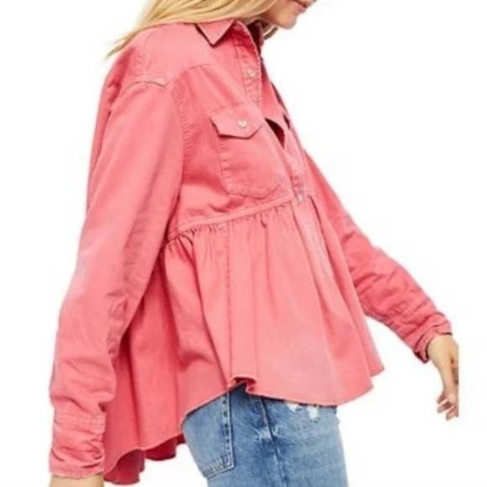 We The Free by Free People Coral Red Peplum Button Down Shirt – Size Small - Picture 2 of 9